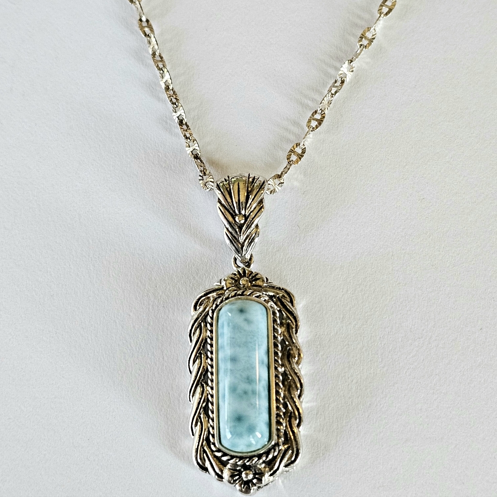 Vintage Genuine Larimar Pendant With Sterling Silver Necklace!